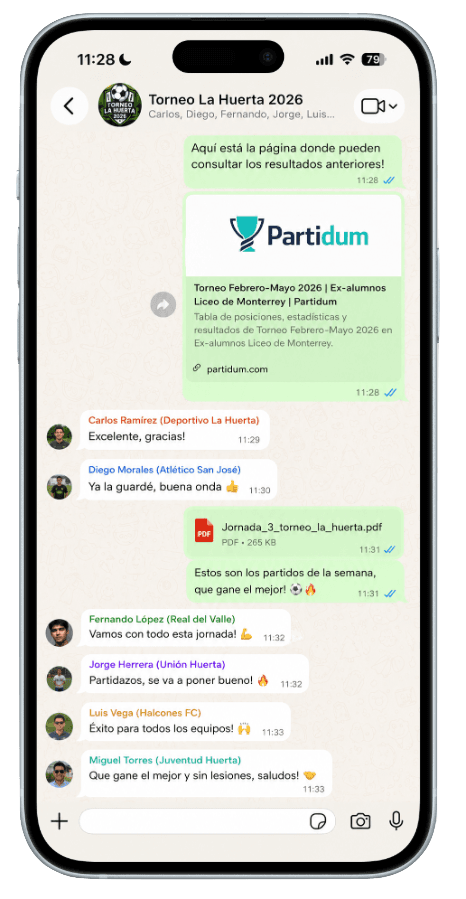 Conversación de WhatsApp compartiendo el torneo con Partidum