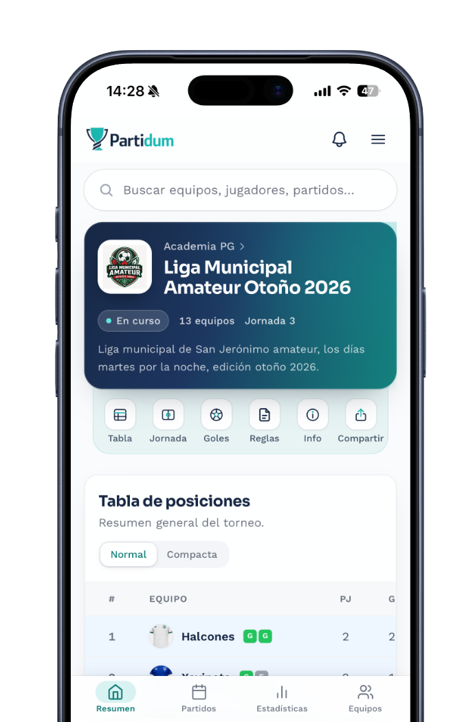 Vista movil de la plataforma Partidum